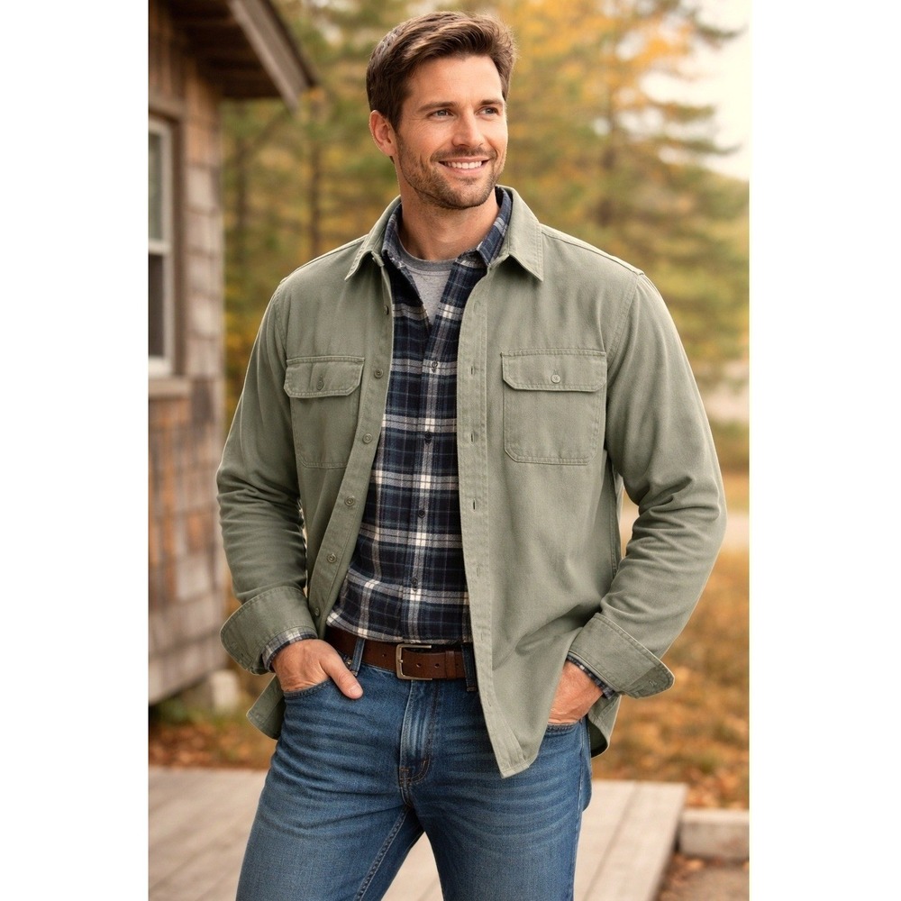 L.L. Bean‎ Flannel Lined Shirt Chore Barn Men XL Traditional Fit Green Outdoor